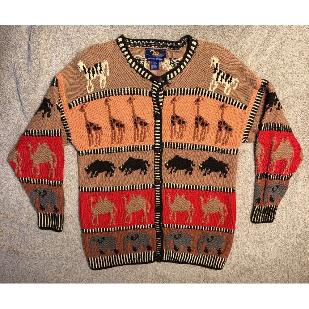 Vtg Mariea Kim Hand Knit Safari Animal Cardigan Sweater Multicolor Womens L